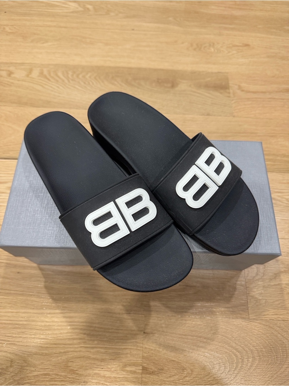 Balenciaga Black Slide Sandals with White BB Logo